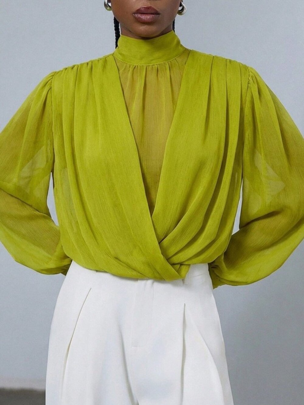 Green Chic Women's Mock Neck Blouse with Wrap Front and Oversized Puff Sleeves - Picture 4 of 7